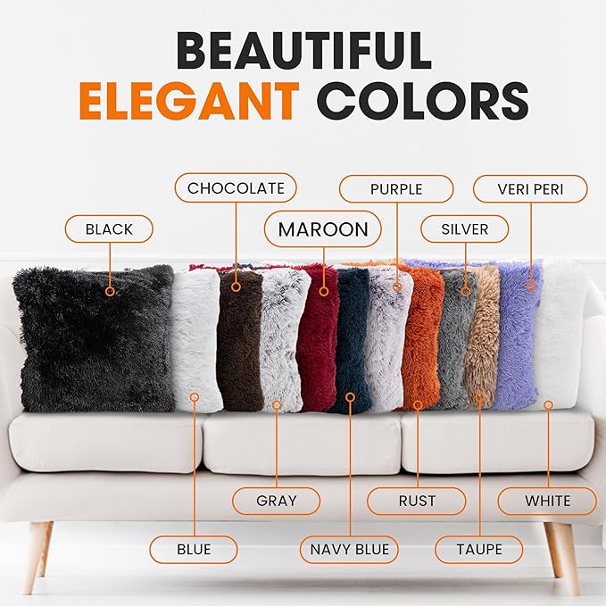 Cheer Collection Throw Pillows for Couch and Bed, Soft Shaggy Throw Pillows with Inserts Included, Cozy Long Hair Faux Fur Pillows - Set of 2-18" x 18" - Maroon