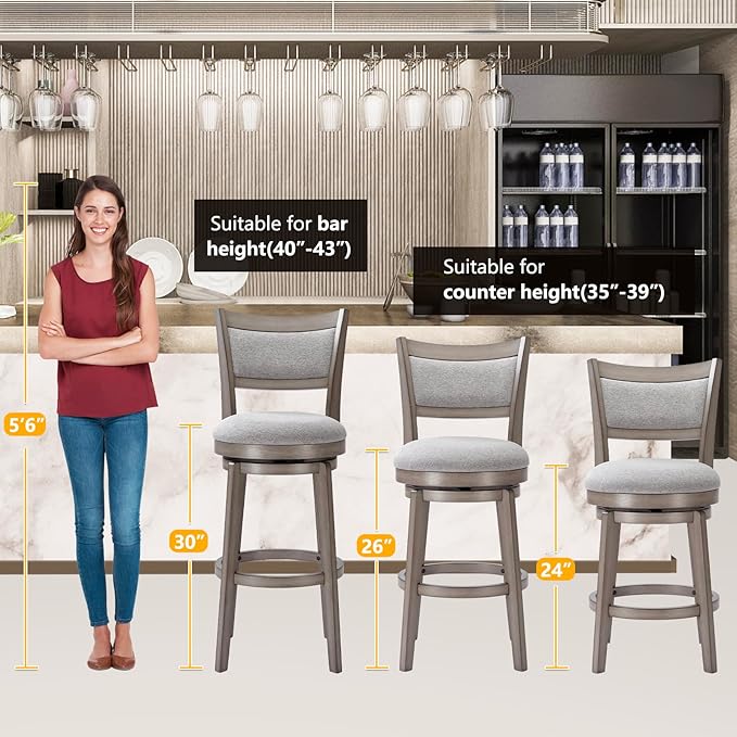 PrimeZone Swivel Bar Stools Set of 2, 26 Inch Counter Height Barstools, High Back Bar Stool with Solid Wood Legs & Wrap-Around Footrest, Counter Stools for Kitchen Island, Pub, Grey