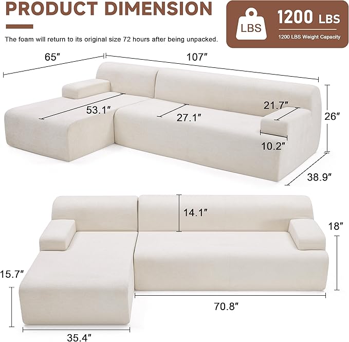 107" Modular Sectional Sofa, Boneless Couch Sponge Sofa for Living Room, High Density Sponges Cloud Couch,Modular L-Shape Sofa with Chaise, (Beige)