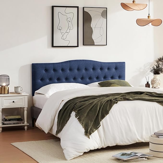 Tufted Upholstered Headboard Twin Size, Sturdy and Durable Solid Wood Twin XL headboard, Fabric Headboard Adjustable Height from 37” to 51”, Modern Button Diamond Design Head Board, Blue
