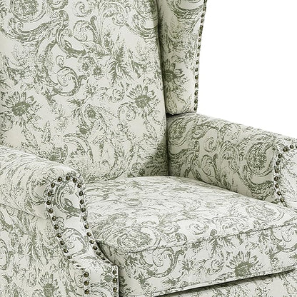 Lumibee High Back Accent Chair, Armchair in Fabric, Comfy Upholstered Wingback Single Sofa Reading Chair with Solid Wood Legs for Living Room,Bedroom,Office-Rococo Green