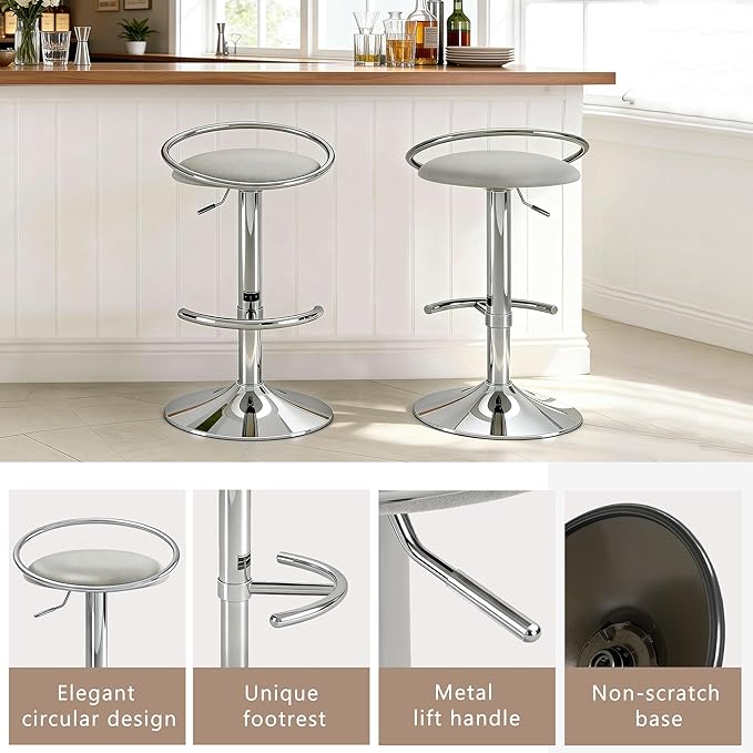Bar Stools Set of 2, Adjustable Swivel Counter Height Barstools with Upholstered Seat, PU Leather Counter Stools for Bar, Kitchen Island, Dining Room, Silver