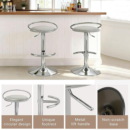 Bar Stools Set of 2, Adjustable Swivel Counter Height Barstools with Upholstered Seat, PU Leather Counter Stools for Bar, Kitchen Island, Dining Room, Silver