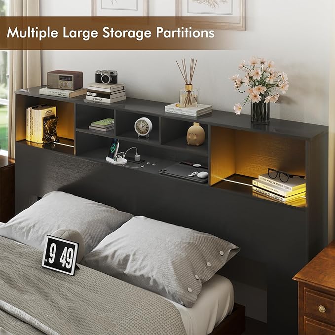 Apicizon 81" King Size Headboard Only, Black Storage Headboard with USB for King Size Bedroom, Wood Head Board with 2 LED Lights, Black Bookshelf