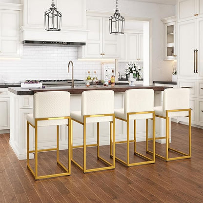 PHI VILLA Bar Stools - Counter Height Bar Stool Leather Stools for Kitchen Counter, White and Gold Bar Stools with Back