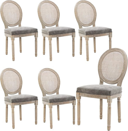 Farmhouse Leather Dining Room Chairs Set of 6 French Dining Chairs with Round Rattan Back French Bistro Chairs for Dining Room/Living Room/Kitchen/Restaurant, Grey