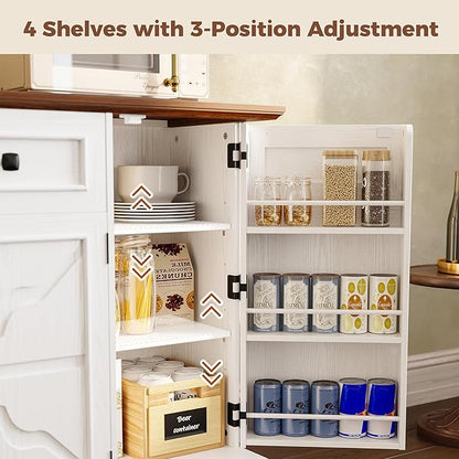IRONCK 56” Farmhouse Sideboard Buffet Cabinet with 4 Doors and 1 Drawer, Buffet Table with Hidden Removable Drawers, 4 Adjustable Shelves, Dining Room Storage Cabinet for Kitchen or Living Room, White