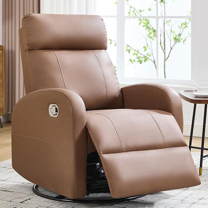 Swivel Rocker Recliner Chair, Manual Faux Leather Recliner, Glider Rocking Recliners 360°Swivel Nursery Reclining Chairs with Adjustable Headrest Highback for Living Room, Coffee