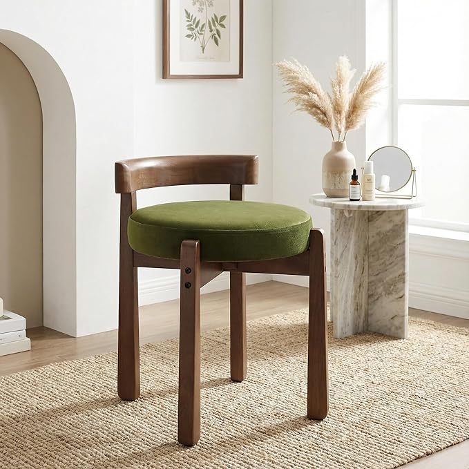 HNY Vintage Green Velvet Makeup Ottoman Set of 2 Compact Round Vanity Chairs with Wooden Legs, Perfect for Small Spaces Like Entryway, Cloakroom & Boudoir