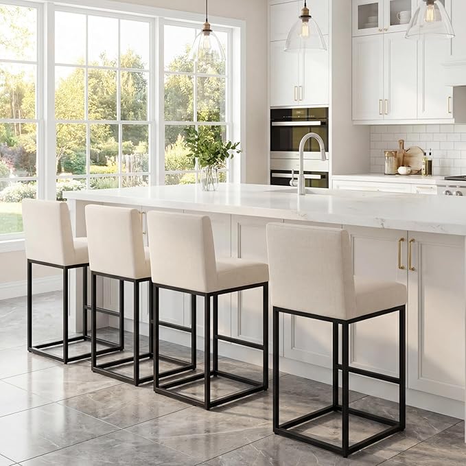 27" Height Bar Stools Set of 4 Counter Height Stools with Back and Footrest for Kitchen Modern Metal Barstools, Linen Upholstered Farmhouse Bar Chairs Island Stools, Cream