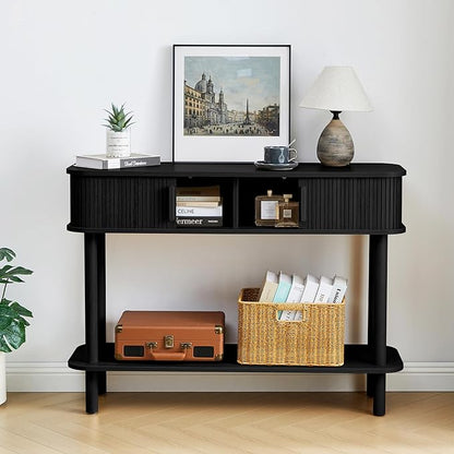 RARZOE Console Table with Storage, Fluted Entryway Table with Sliding Door&Open Shelf, Sofa Table Behind Couch, Mid-Century Modern Accent Table for Hallway, Entrance, Foyer, Fully Assembled(Black)