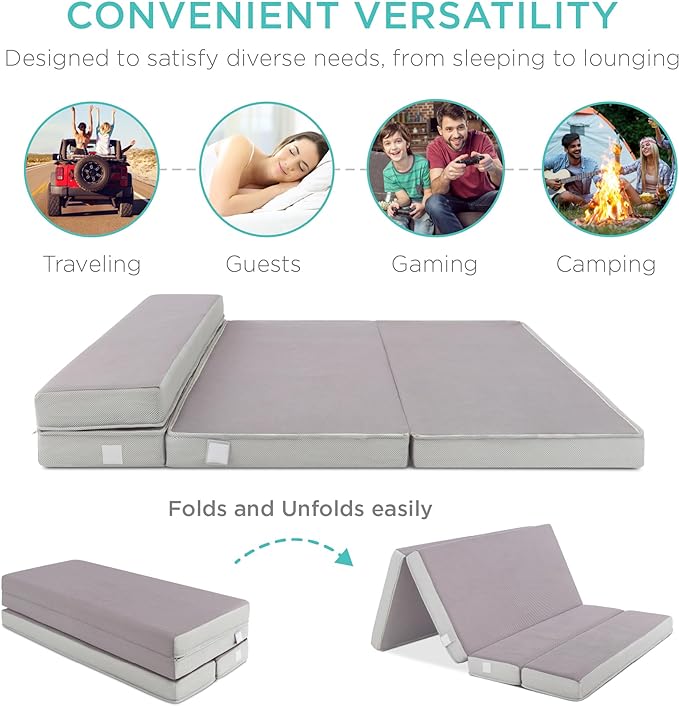 Best Choice Products 4in Portable Full-Size Mattress, Tri-Fold Mattress for Camping, Guest, Toddler, Foam Plush w/Carry Case - Grey