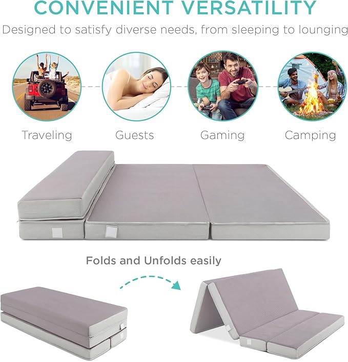 Best Choice Products 4in Portable Twin XL-Size Mattress, Tri-Fold Mattress for Camping, Guest, Toddler, Foam Plush w/Carry Case - Grey