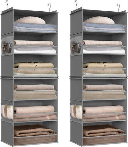 SONGMICS Set of 2 Hanging Closet Organizers, 6-Tier Fabric Storage Shelf, Separable Closet Hanging Shelf with Side Pockets, Foldable, Metal Hooks and Bamboo Inserts, Dove Gray URCH008G01