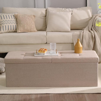 CUYOCA 45.3 Inches Storage Ottoman Bench Foldable Seat Footrest Shoe Bench End of Bed Storage with Flipping Lid, 166L Storage Space, Linen Fabric Sandy Beige