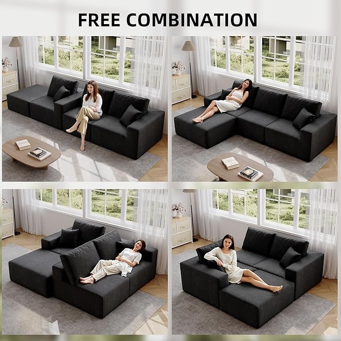 110" Boneless Cloud Sectional Couch for Living Room, Compressed Modular L-Shaped Sofa with Deep Seat, Frameless Corduroy Couch in Boxes, No Assembly Required 3-Seater (Left-Facing Chaise, Black)