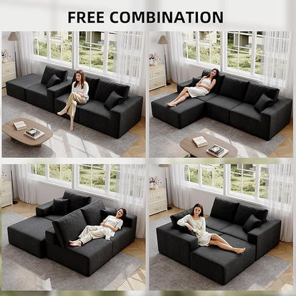 110" Boneless Cloud Sectional Couch for Living Room, Compressed Modular L-Shaped Sofa with Deep Seat, Frameless Corduroy Couch in Boxes, No Assembly Required 3-Seater (Left-Facing Chaise, Black)