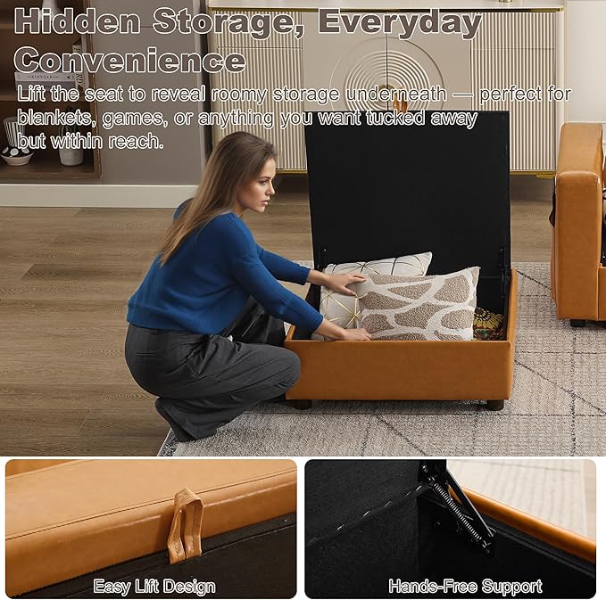Ottoman with Storage, Faux Leather Square Storage Ottoman, Large Ottomans Foot Rest, Upholstered Foot Stools Ottomans for Modular Sectional Sofa, Coffee Table for Living Room, Brown