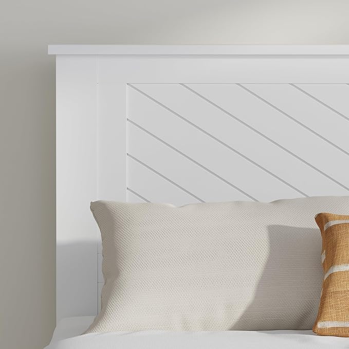 Serene Poplar Wood Full Size Headboard in White, Modern Farmhouse Panel with Chevron Scoring, Casual Coastal Style, Easy Assembly, Quality Materials