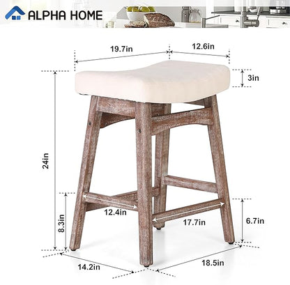 ALPHA HOME Bar Stools Set of 4, Solid Wood Saddle Kitchen Stools with Beige Linen Fabric Cushion Counter Height Barstools with Vintage Farm Wooden Base for Kitchen Dining Cafe, 24 Inch, Beige, 4PCS