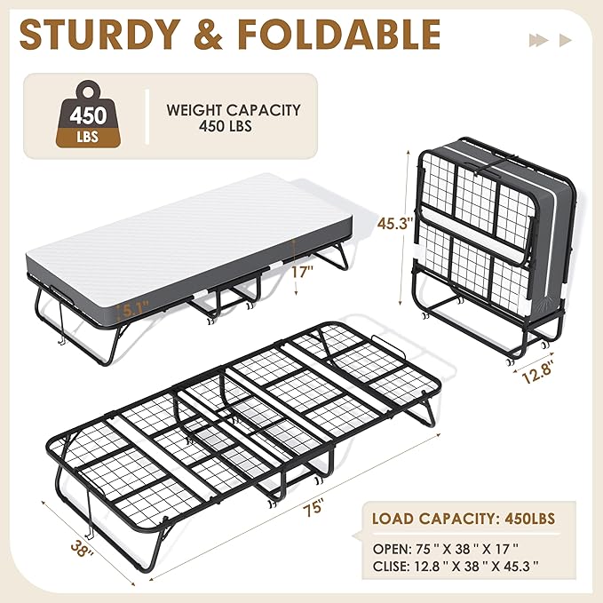 Superday Folding Bed with Mattress, 75" x 38" Folded Bed, Roll Away Beds with 5" Memory Foam Mattresses for Adults, Foldable Twin Beds for Guest Room, Small Apartment, Space-Saving Sturdy Metal Frame