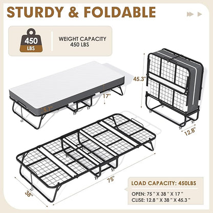 Superday Folding Bed with Mattress, 75" x 38" Folded Bed, Roll Away Beds with 5" Memory Foam Mattresses for Adults, Foldable Twin Beds for Guest Room, Small Apartment, Space-Saving Sturdy Metal Frame