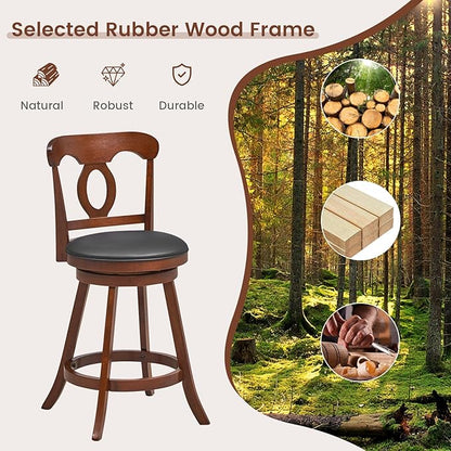COSTWAY 2 PCS Bar Stools, 24 Inch Swivel Counter Height Chairs with Ergonomic Back & Footrest, Vintage Wooden Barstool Set for Kitchen Island, Pub, Bistro, Café, Espresso (4, 24 Inch)