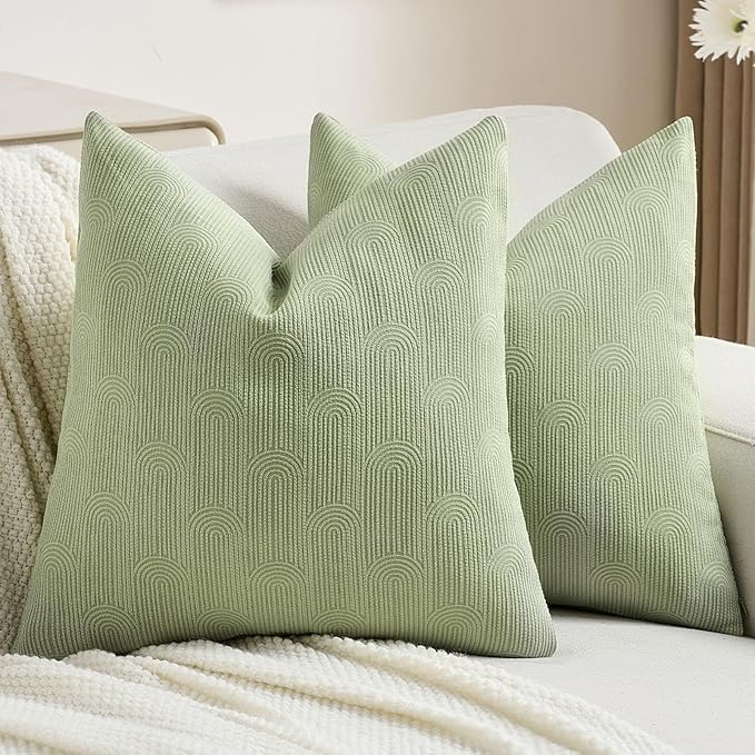 FUTEI Sage Green Chenille Decorative Throw Pillow Covers 18x18 Inch Set of 2,Soft Cozy Striped Geometric Patterns Cushion Case,Modern Home Decor for Couch Bed Living Room