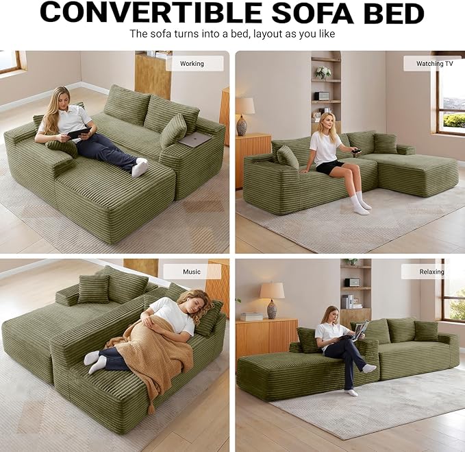 95 Inch Cloud Sectional Couch,Modular Sectional Sofa with Deep Seat,Modern Corduroy Boneless Couches with L-Shape Chaise for Living Room Bedroom,No Assembly Required (Green, Right Facing Chaise)