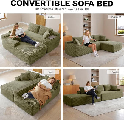 108 Inch Cloud Sectional Couch,Modern Modular Sectional Sofa with Deep Seat,Corduroy Boneless Couches with L-Shape Chaise for Living Room,No Assembly Required (Green, Right Facing Chaise)
