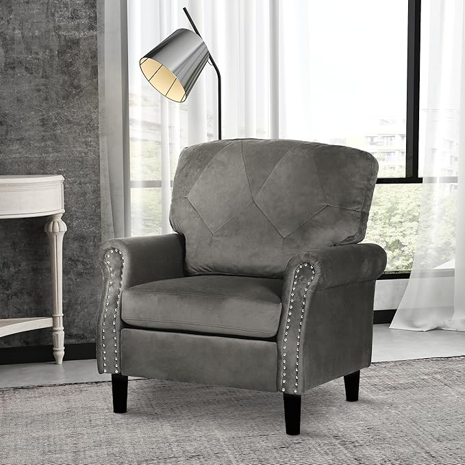 Accent Chairs for Living Room, Set of 2 Mid-Century Modern Upholstered Armchairs, Comfy Velvet Chair w/Wood Legs & Nailhead Trim, Wingback Chair for Bedroom, Grey