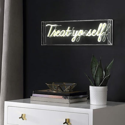 JONATHAN Y NEN1008A Treat Yo Self 20" Contemporary Glam Acrylic Box USB Operated LED Neon Light, Yellow Plug in Wall Light for Bedroom Wall Décor, Kids Bedroom, Party Supplier