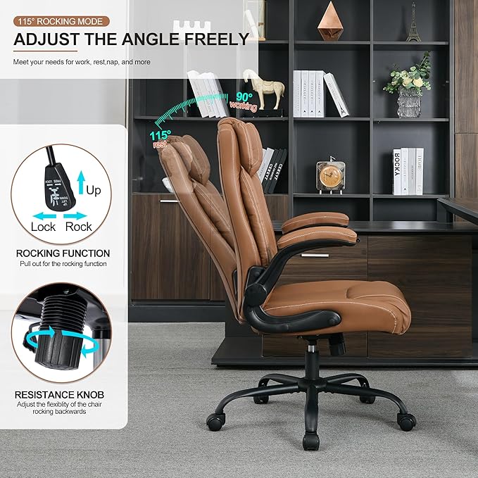 Office Desk Chair,Ergonomic Conference Room Chairs,Mid Back Executive Leather Chair,Comfy Computer Desk Chairs with Adjustable Flip-Up Arms and Rocking Function (Brown)