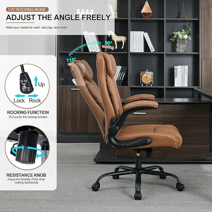 Office Desk Chair,Ergonomic Conference Room Chairs,Mid Back Executive Leather Chair,Comfy Computer Desk Chairs with Adjustable Flip-Up Arms and Rocking Function (Brown)