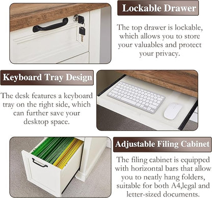 L-Shaped Executive Desk with Keyboard Tray, 69” Farmhouse Corner Desk with Lockable Drawers, Adjustable File Cabinet & Built-in Charging Station, Rustic Home Office Desk (69")