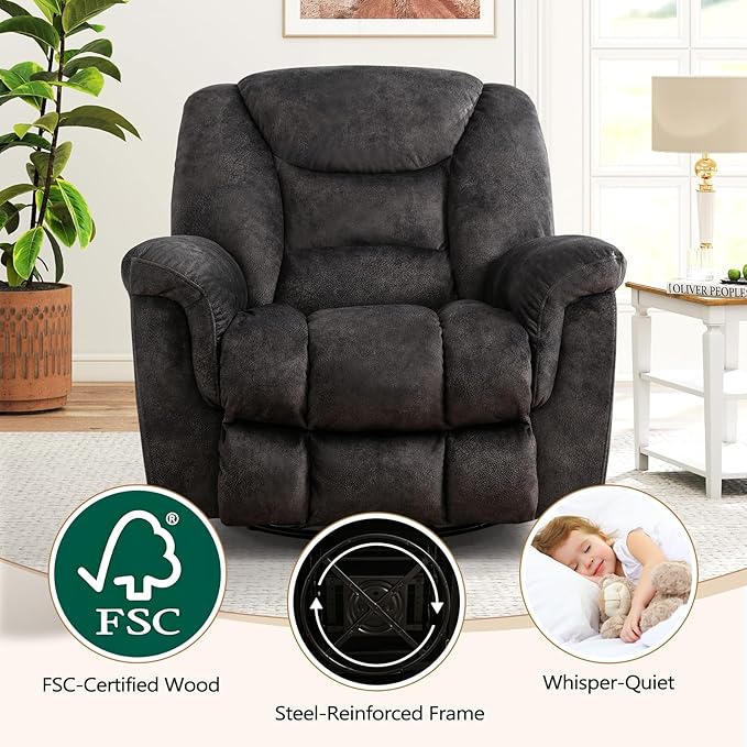 ANJ Rocking Recliner Chair Oversized Swivel Rocker Recliners, Comfy Glider Rocking Chairs for Big Man, Extra Wide Recliners Overstuffed Reclining Chair for Living Room, Grey