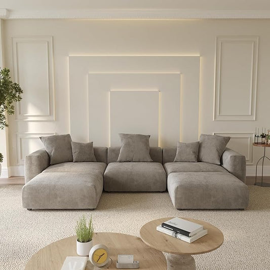 WJShome Cloud Couch Modular Sectional Sofa,141.73" U Shaped Sofa with 2 Ottomans,Brown Corduroy Couch 5 Seater,Convertible Sectional Sofa for Living Room,Cushion Covers Removable& Washable
