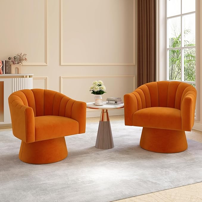 Swivel Accent Chair Set of 2, Upholstered Velvet 360° Swivel Barrel Chair for Living Room Overstuffed Bouncle Reading Chair Round Armchair for Bedroom,Vanity,Office (Orange)