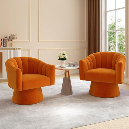 Swivel Accent Chair Set of 2, Upholstered Velvet 360° Swivel Barrel Chair for Living Room Overstuffed Bouncle Reading Chair Round Armchair for Bedroom,Vanity,Office (Orange)