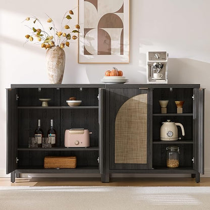 SICOTAS 68" W Rattan Sideboard Buffet Cabinet with Storage Set of 2, Modern Credenza with Arch Doors & Shelves, Boho Coffee Bar Media Console Cabinets for Kitchen, Living Room, Entryway, Black Oak