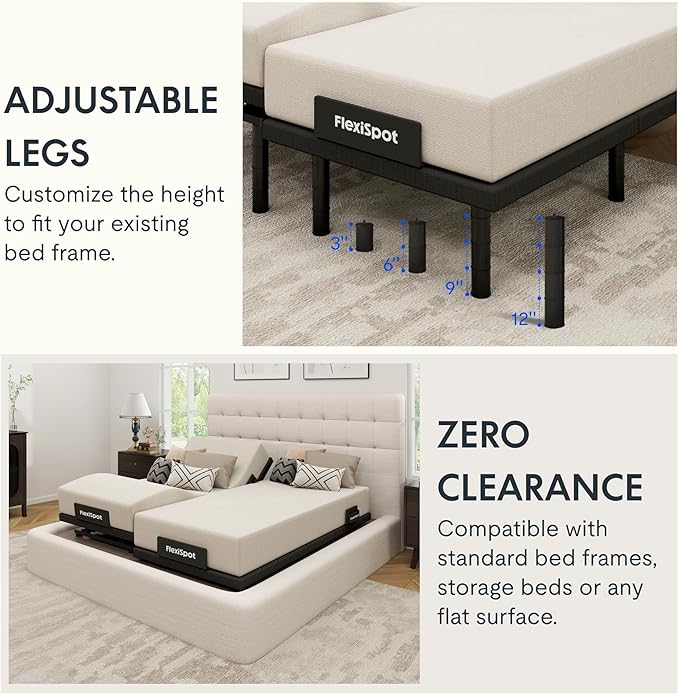 FLEXISPOT Adjustable Bed Frame Base Split King + 6" Cooling Gel Memory Foam Mattress, Massage, Head and Foot Incline, Zero Gravity, Zero Clearance, Under-Bed Lights, Anti-Snore, Wireless Remote