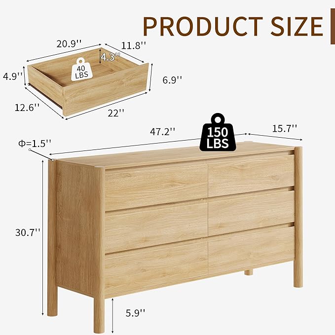 CHUWELL Dresser for Bedroom, 47" Wide Mid Century Chest of Drawers with 7 Large Storage Space and 4 Solid Wood Cylindrical Legs, 7 Drawer Large Dresser for Bedroom(Oak)