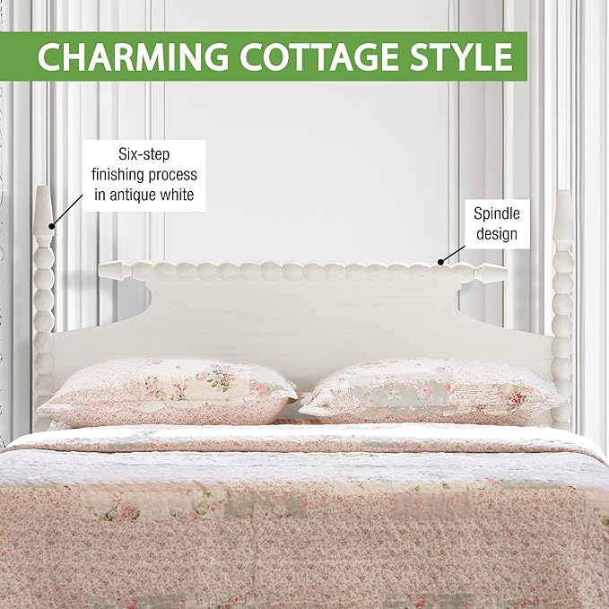 OSP Home Furnishings Spindle Design Cottage Style Headboard, 63.5 x 58.75 inches, Sandcastle Antique White Finish, Queen Size
