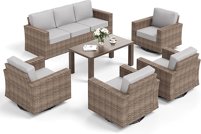 Swivel Glider 6 Piece Outdoor Furniture Set with Swivel Chairs, Wicker Patio Furniture with 4.92" Wide Armrest, 26.3" Deep Seating and 5.5" Thick Cushions, Grey