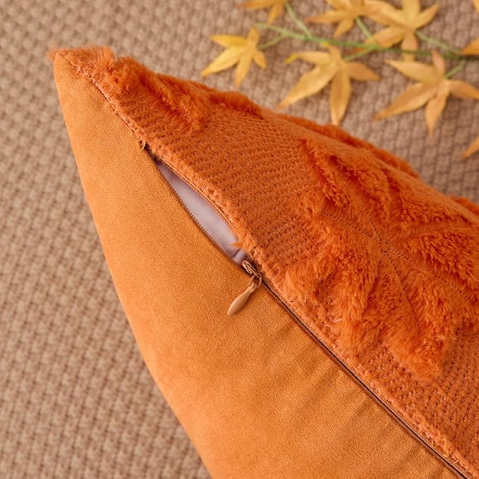 Kevin Textile Maple Leaf Pillow Covers 18x18 Inch Set of 2 Fallen Leaves Embroidery Decor Soft Plush Faux Fur Throw Pillows Pillowcases for Holiday Harvest Decor Sofa Couch Bedroom, Orange