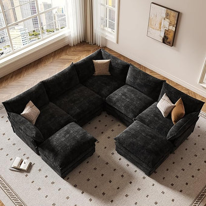 KKL 120" Modular Sectional Sofa, Large V Shape 7 Seater Convertible J/L/U-Shaped Modern Sectional Couch with Ottoman, Chenille Sectional Couches for Living Room, Apartment, Black