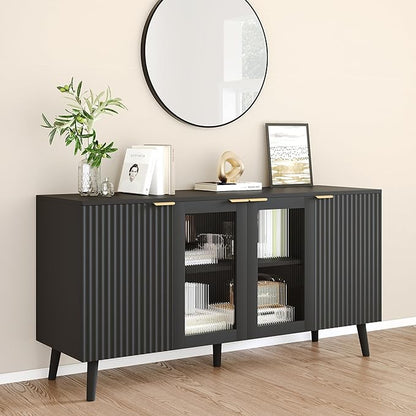 JASIWAY Modern Buffet Cabinet with Storage 55" Fluted Sideboard with 4 Doors Acrylic and Adjustable Shelves Wooden Coffee Bar Cabinet Storage Credenza for Living Room, Dining Room, Kitchen, Black