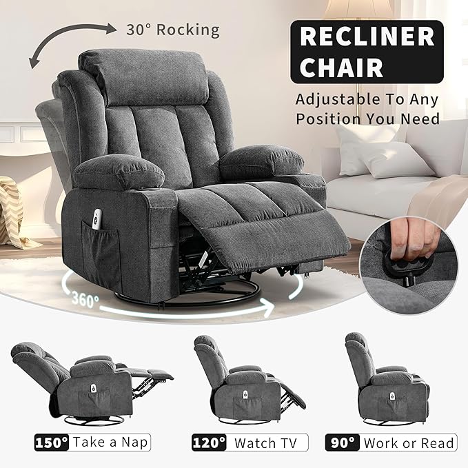 Rocking Recliner Chair with Heat and Massage, Nursery Recliner 360° Swivel Oversized Chairs for Adults, Lazy Boy Single Sofa Seat with 3 Positions, 2 Side Pockets, Cup Holders, and USB Ports, Grey