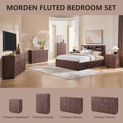 Fluted Dresser for Bedroom, 5 Drawer Dressers, Wood Tall Dresser Storage Organizer, Chest of Drawers with Deep Storage, Modern Bedroom Chest for Closet Hallway, Entryway, Living Room,Brown