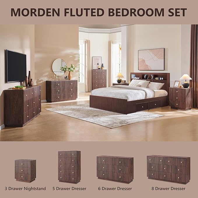 Fluted Dresser for Bedroom, 47" 6 Drawer Dressers, Wood Tall Dresser Storage Organizer, Modern Chest of Drawers with Deep Storage for Closet Hallway, Entryway, Living Room, Brown